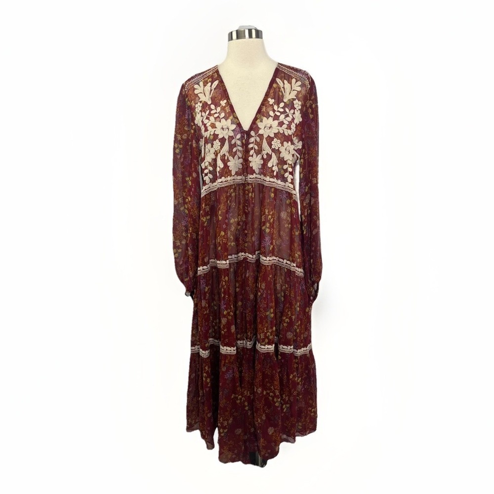 Free People Call On Me Dress Maxi Dress Sz S Embroidered Merlot Festival Boho - Picture 2 of 16